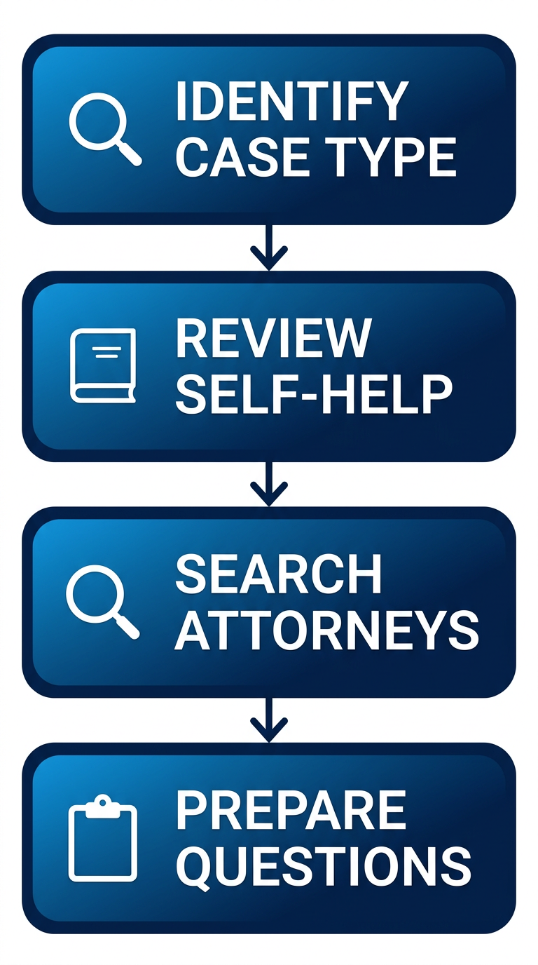 Vertical process flow diagram with 4 steps to hire a civil litigation attorney in Alameda County: identify case, review self-help, search attorneys, prepare questions.