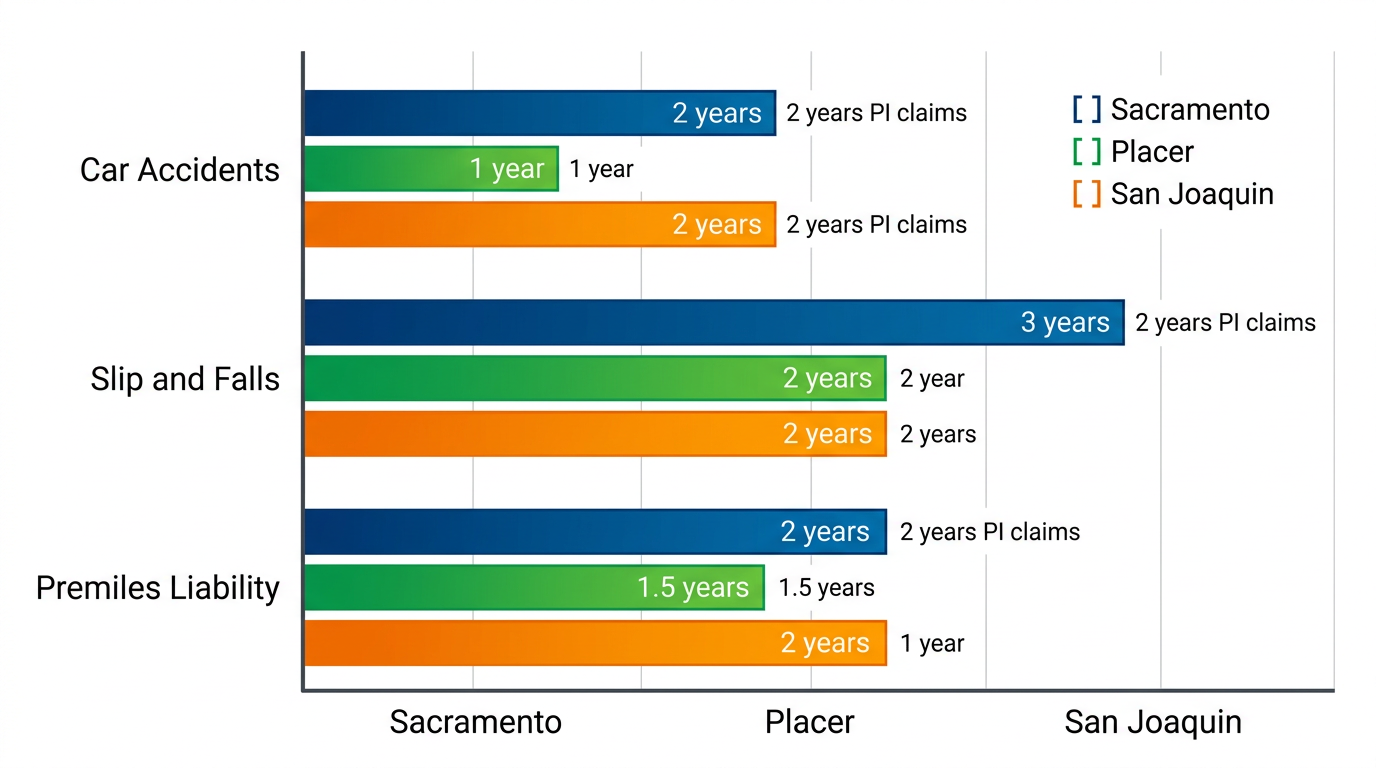 Horizontal bar chart of common personal injury cases and 2-year statutes across three Northern California counties, color-coded by county.