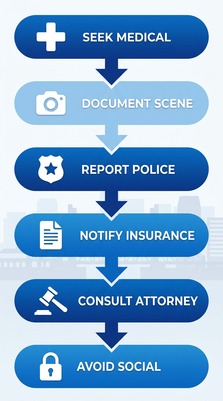 Vertical process flow diagram illustrating six key steps to take after a personal injury in Sacramento, with icons and arrows connecting stages.