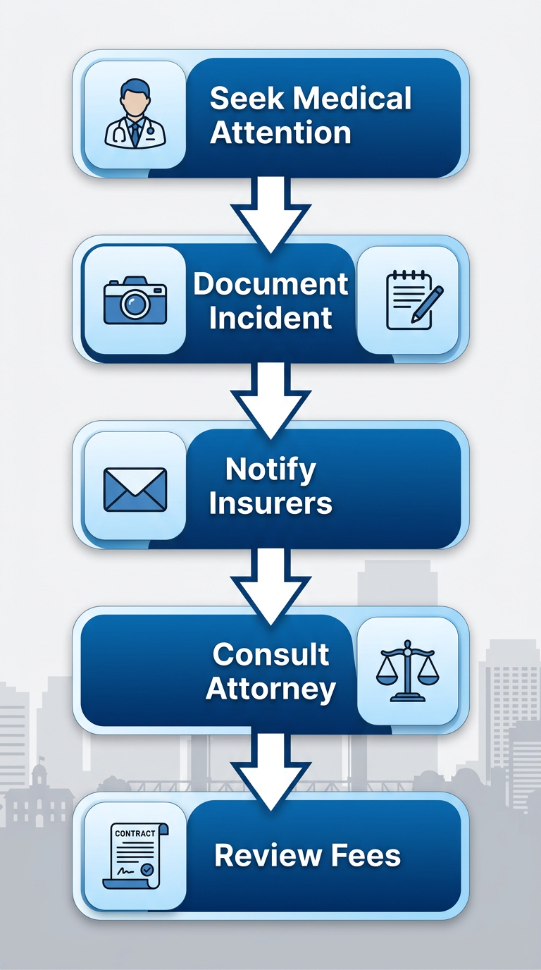 Vertical process flow diagram of 5 steps to begin a personal injury claim in Sacramento with icons and blue gradient design
