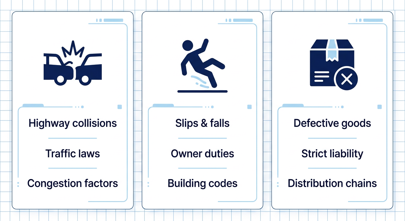Infographic comparing motor vehicle accidents, premises liability, and products liability practice areas in Sacramento