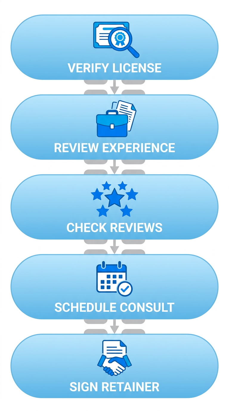 Vertical process flow diagram with five steps to hire a Sacramento injury lawyer: verify license, review experience, check reviews, schedule consultation, sign retainer.
