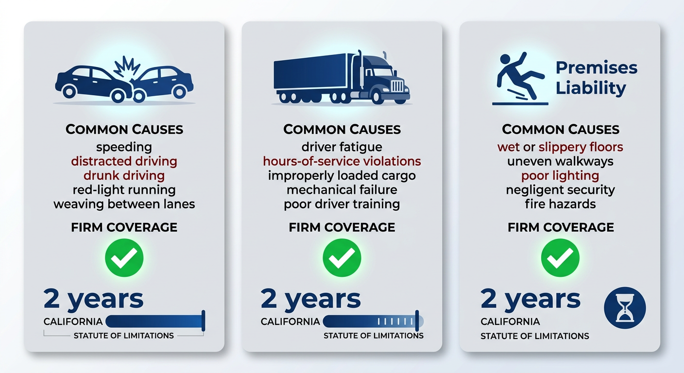 Infographic comparing common personal injury types in Sacramento: car accidents, truck accidents, premises liability with icons, causes, coverage checks, and 2-year statute of limitations.
