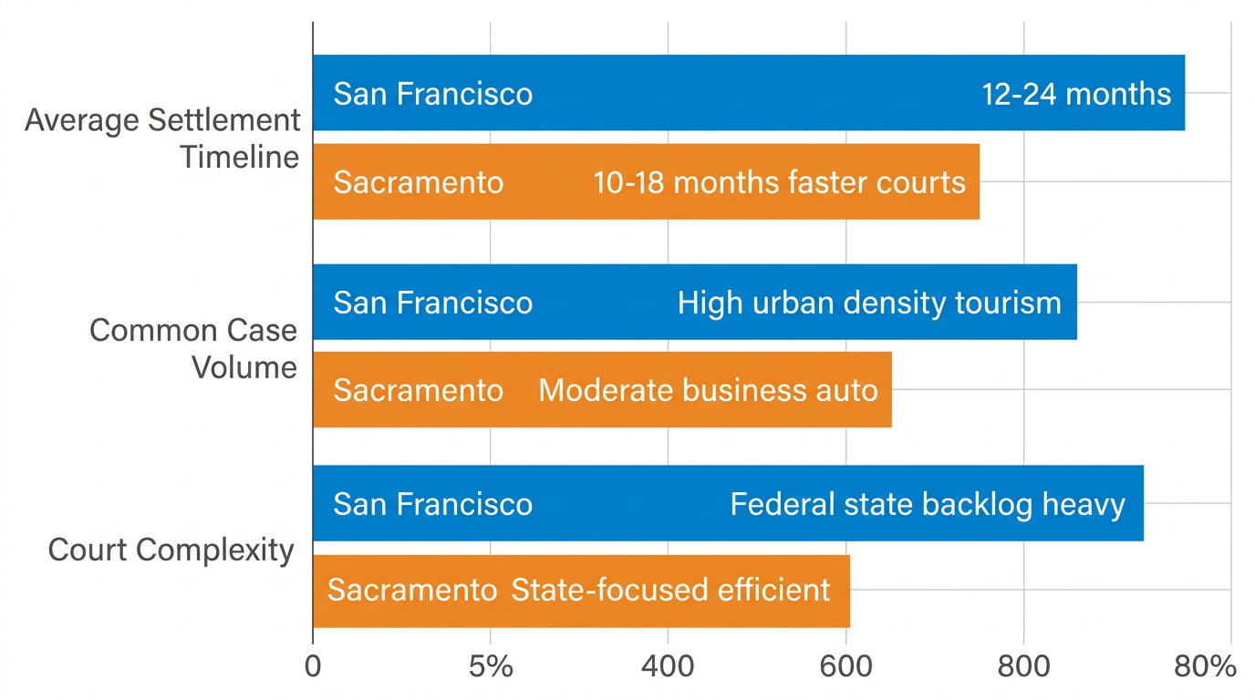 Horizontal bar chart comparing personal injury settlement timelines, case volumes, and court complexities in San Francisco versus Sacramento