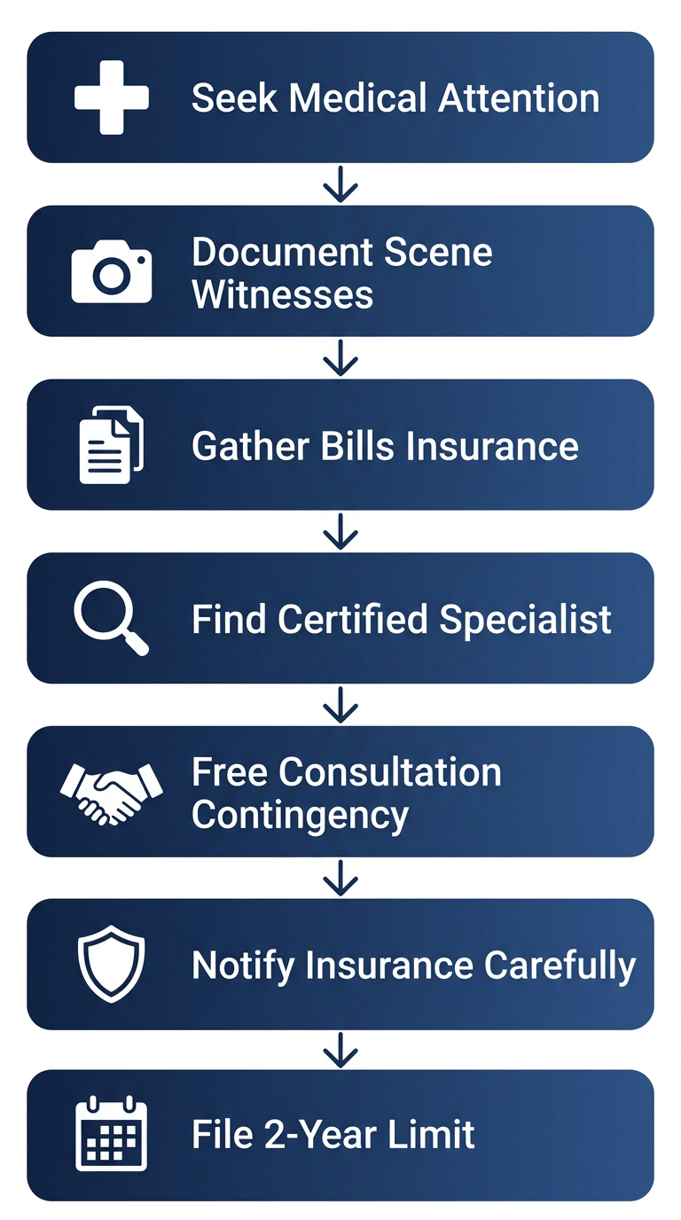 Vertical process flow diagram of 7 steps to start a San Francisco personal injury case: seek medical attention, document scene, gather evidence, find specialist, free consultation, notify insurance, file within limit.