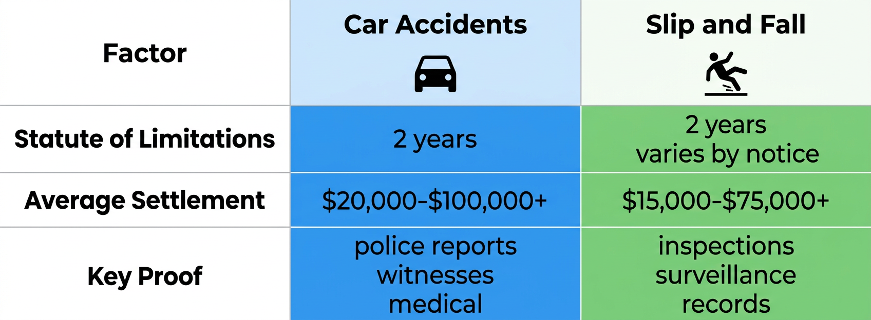 Infographic table comparing car accidents and slip-and-fall claims in San Francisco: statutes, settlements, proof factors