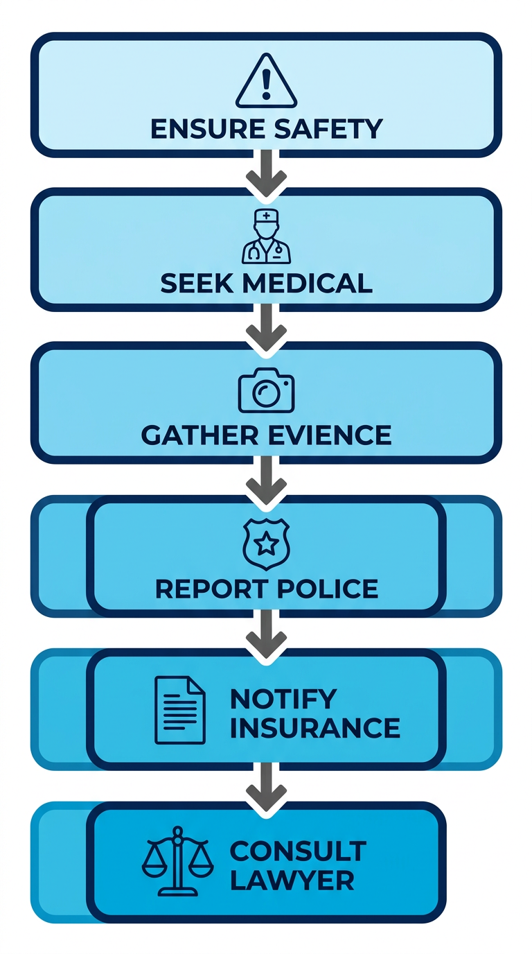 Vertical process flow diagram of 6 initial steps after personal injury in San Francisco with icons and arrows