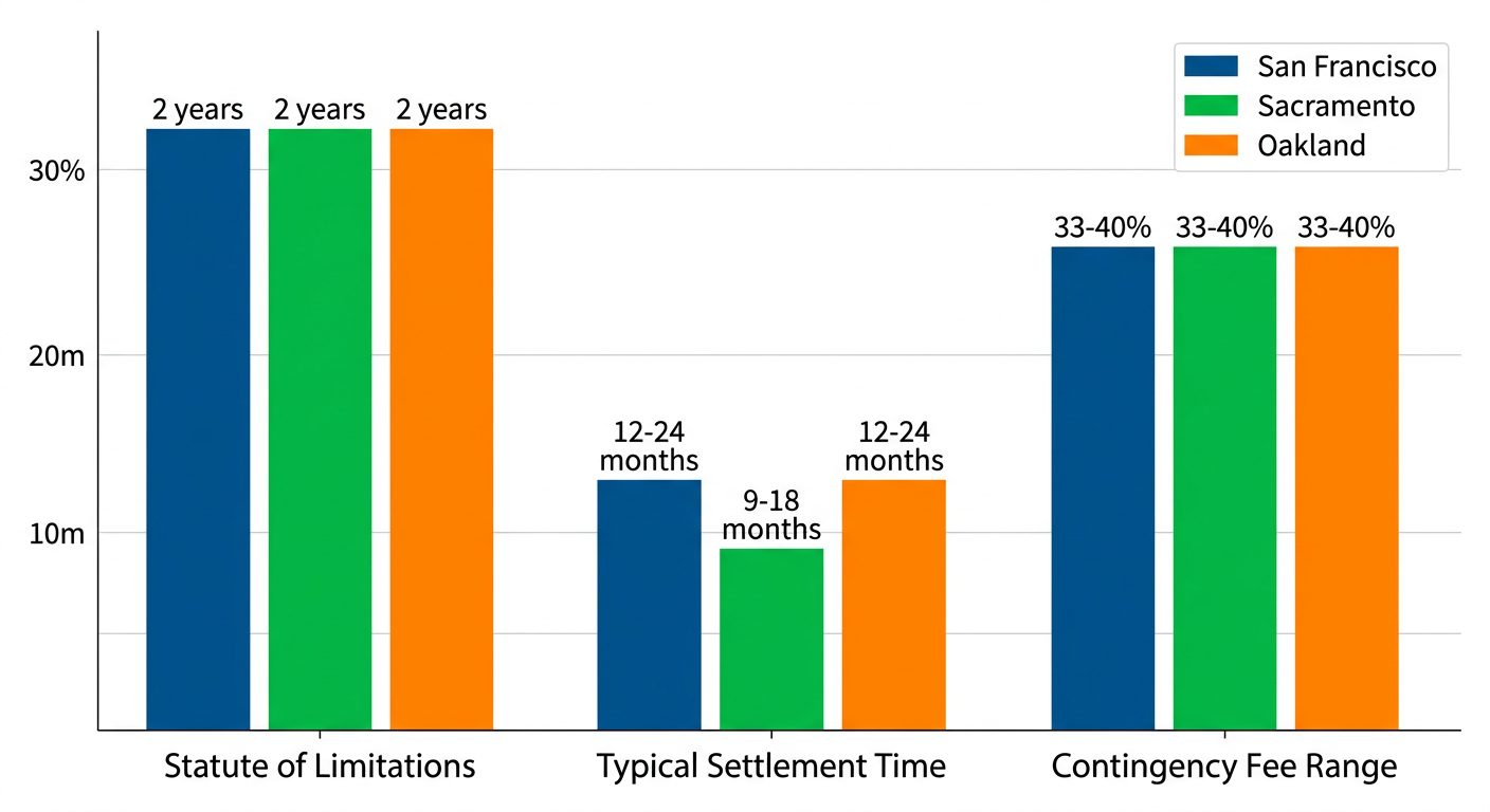 Grouped bar chart comparing personal injury statute of limitations, settlement times, and contingency fees in San Francisco, Sacramento, and Oakland.