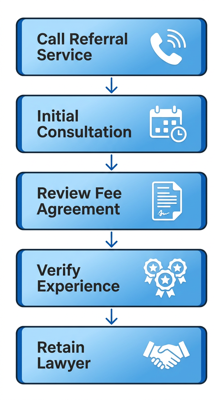 Vertical process flow diagram showing 5 steps to hire an injury lawyer in San Francisco: call referral, consultation, fee review, verify experience, retain.