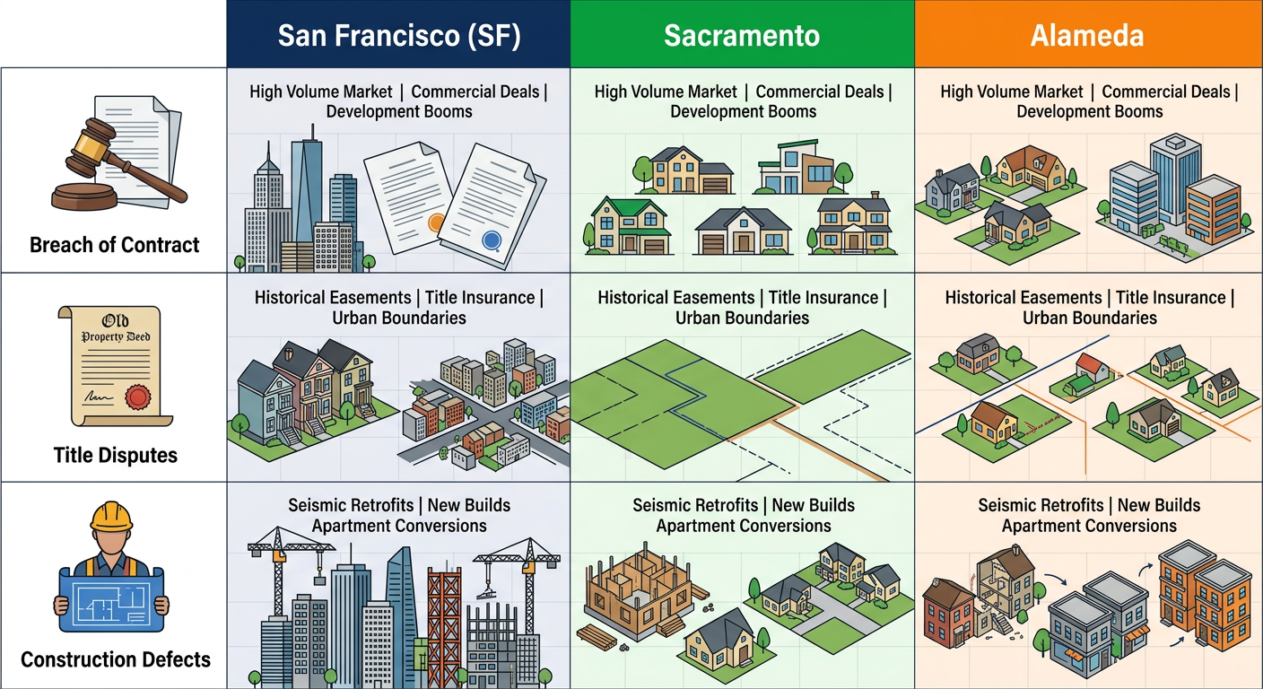 Infographic comparing common real estate disputes in SF, Sacramento, and Alameda counties with color-coded columns and icons for breach of contract, title disputes, construction defects.