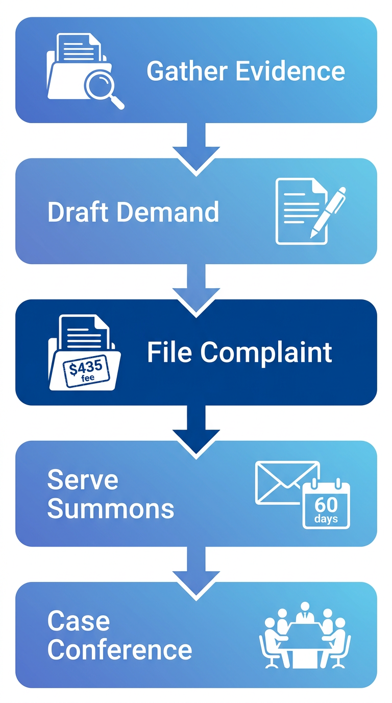 Vertical process flow illustrating five steps to initiate a real estate litigation case: gather evidence, draft demand letter, file complaint, serve summons, case conference.