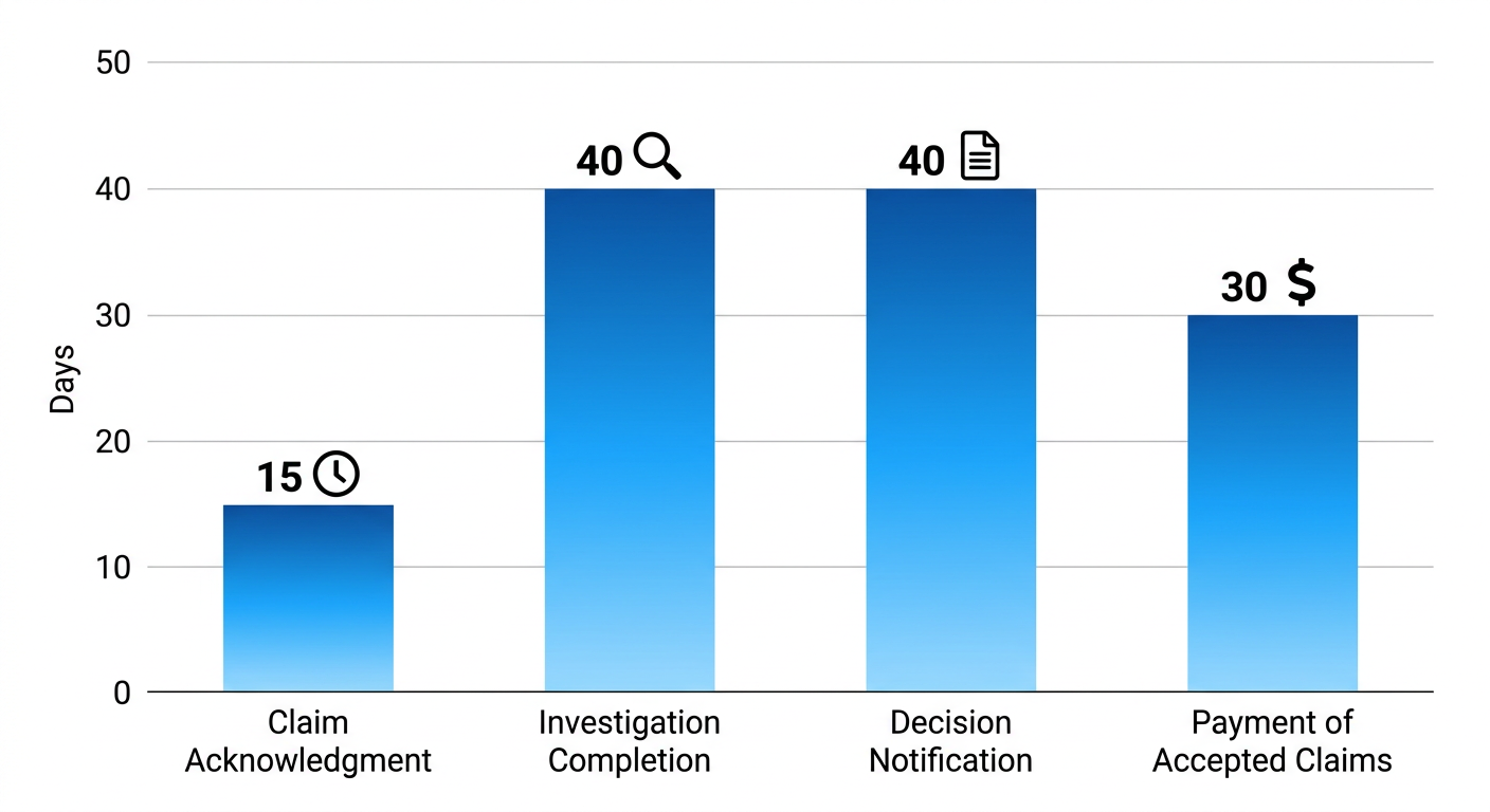 Bar chart of California insurance claim timelines: Claim Acknowledgment 15 days, Investigation Completion 40 days, Decision Notification 40 days, Payment 30 days, with icons and grid.