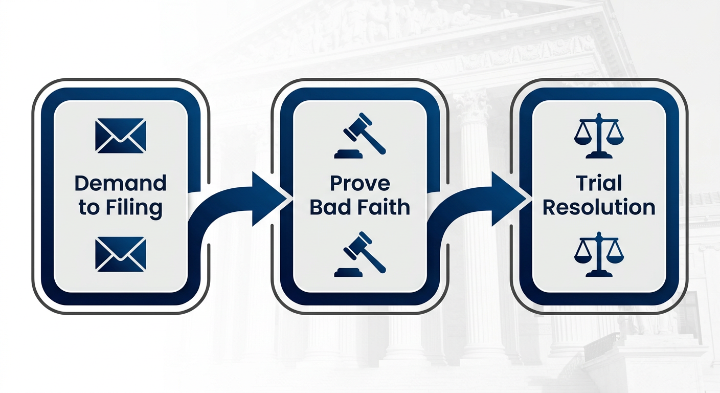Horizontal process flow diagram of insurance bad faith litigation stages with icons and arrows