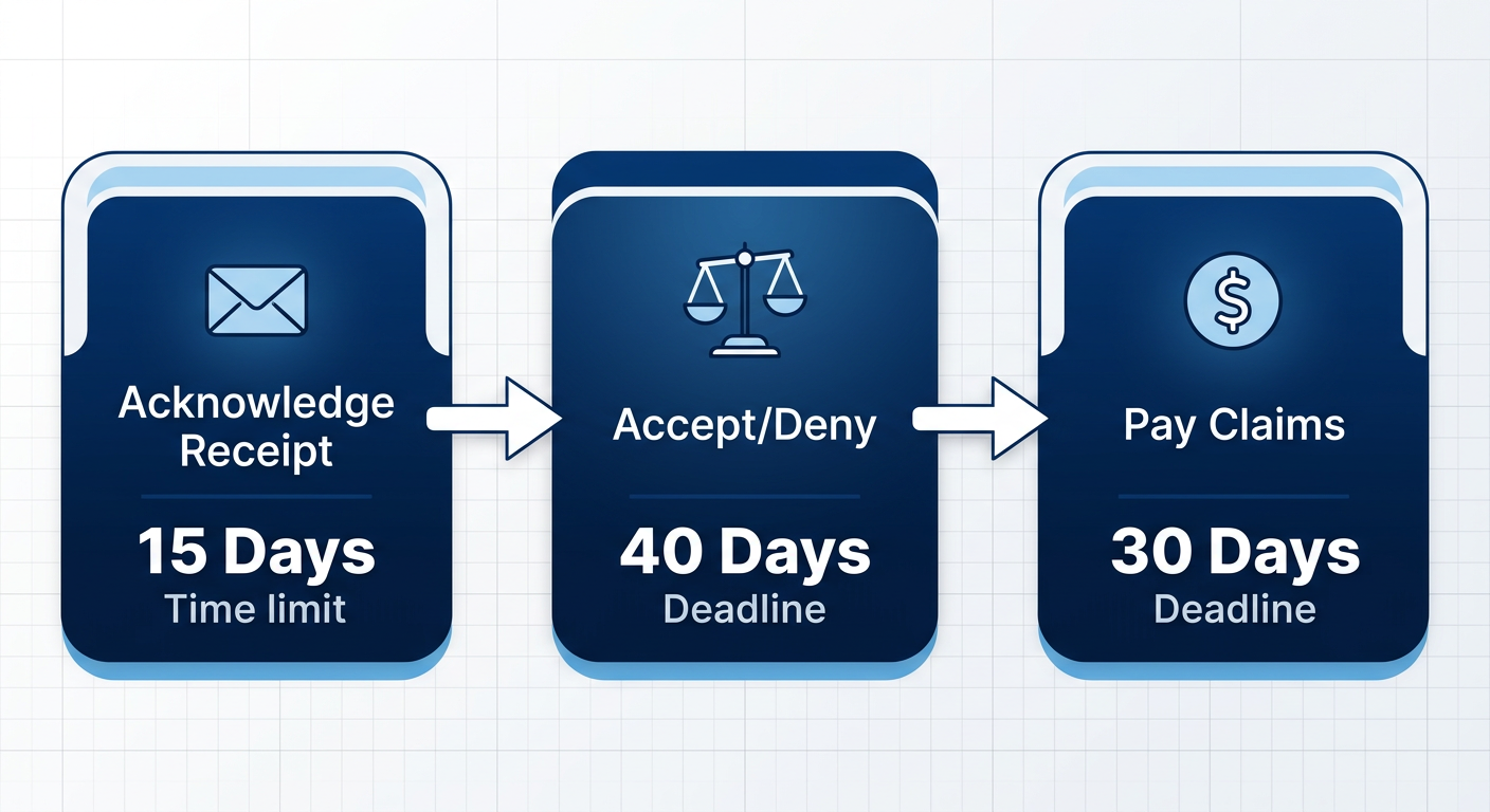 Horizontal process flow diagram of California insurance bad faith claim timelines: acknowledge within 15 days, decide within 40 days, pay within 30 days with icons.