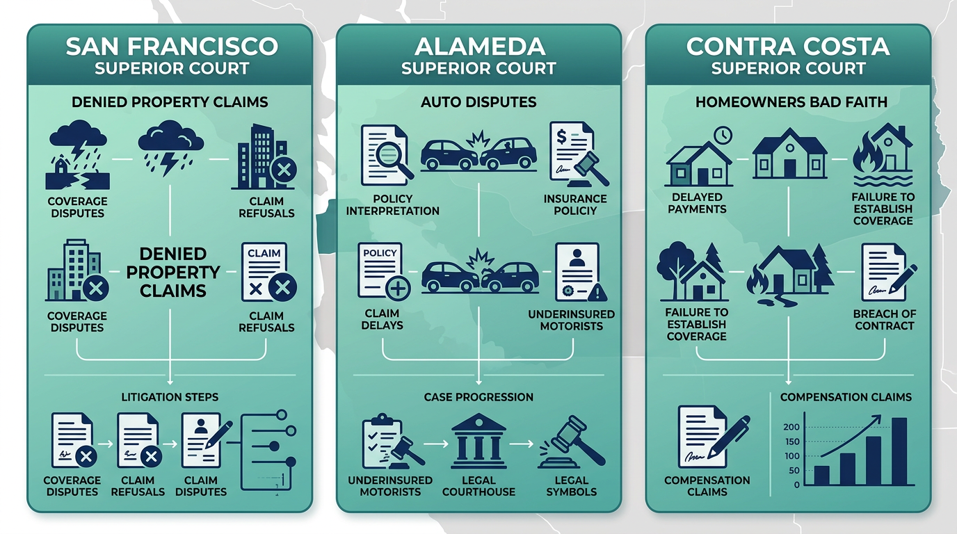 Infographic comparing bad faith insurance litigation across San Francisco Bay Area counties: San Francisco, Alameda, and Contra Costa