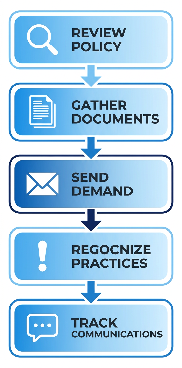 Vertical process flow diagram of 5 steps to start insurance disputes: review policy, gather documents, send demand letter, recognize unfair practices, track communications.