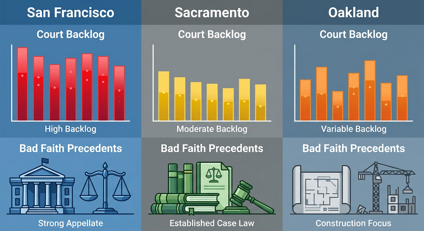 Infographic comparing court backlog and bad faith precedents in San Francisco, Sacramento, and Oakland