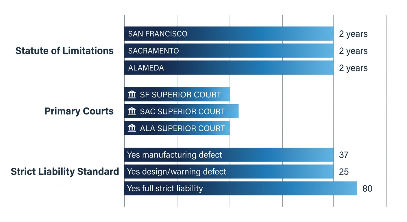 Horizontal bar chart comparing product liability factors including statute of limitations, primary courts, and strict liability standards across San Francisco, Sacramento, and Alameda areas in Northern California.