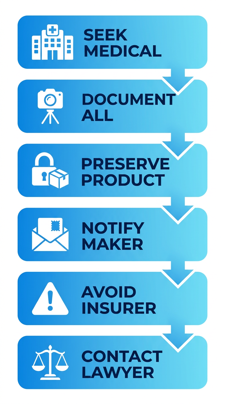 Vertical process flow diagram illustrating six key steps to take after suffering injury from a defective product, from seeking medical attention to contacting a San Francisco lawyer.