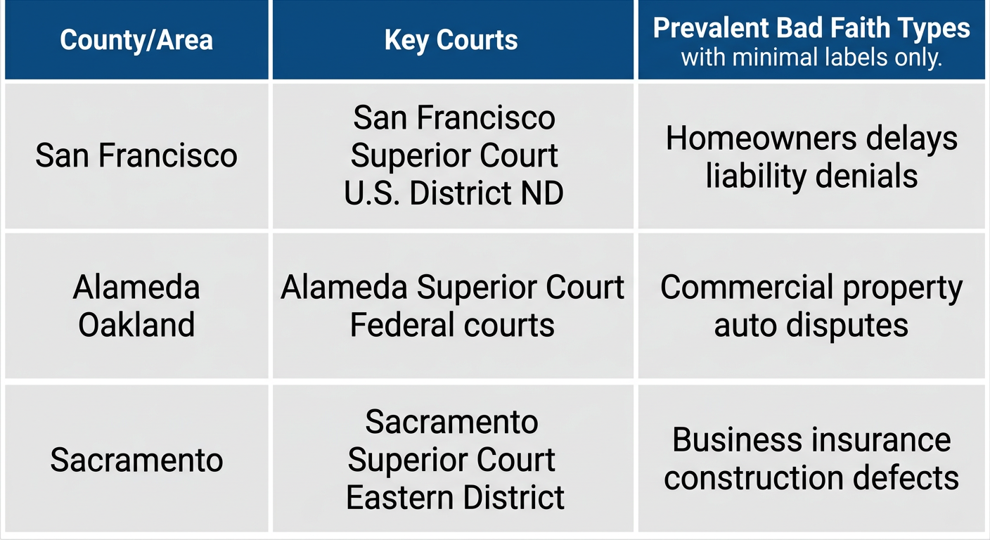 Infographic table comparing insurance bad faith issues, courts, and types in San Francisco, Alameda, and Sacramento counties