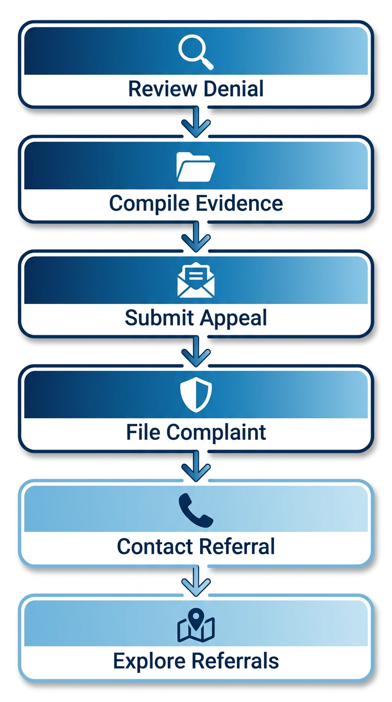Vertical process flow diagram of six sequential steps after insurance denial in San Francisco with icons and labels