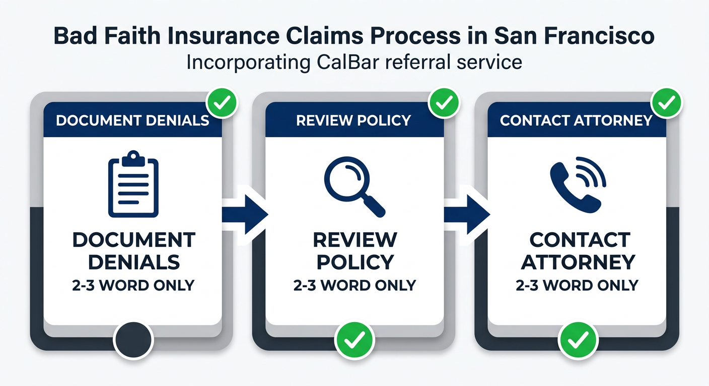 Three-step horizontal process flow for initiating bad faith insurance claims in San Francisco: document communications, review policy terms, contact specialized attorney.