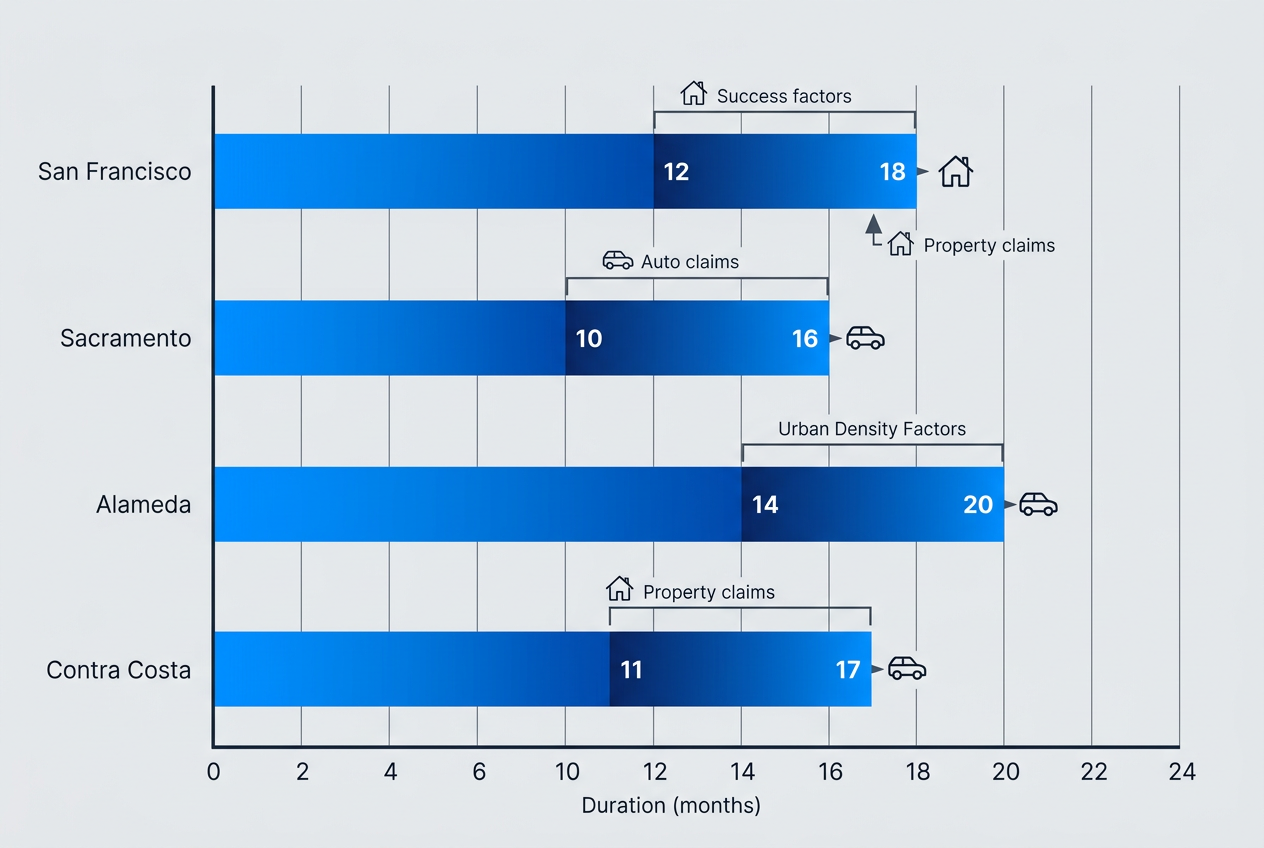 Bar chart comparing bad faith insurance case durations in San Francisco, Sacramento, Alameda, and Contra Costa counties