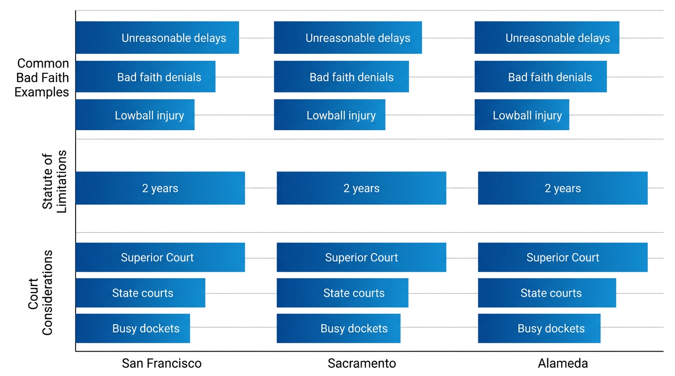 Horizontal bar chart comparing bad faith insurance claim factors in San Francisco, Sacramento, and Alameda counties