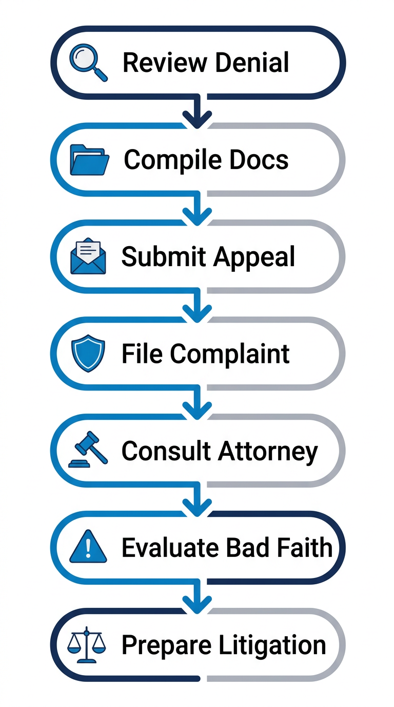 Vertical process flow illustrating 7 steps after insurance claim denial in San Francisco, from review to litigation preparation with icons.