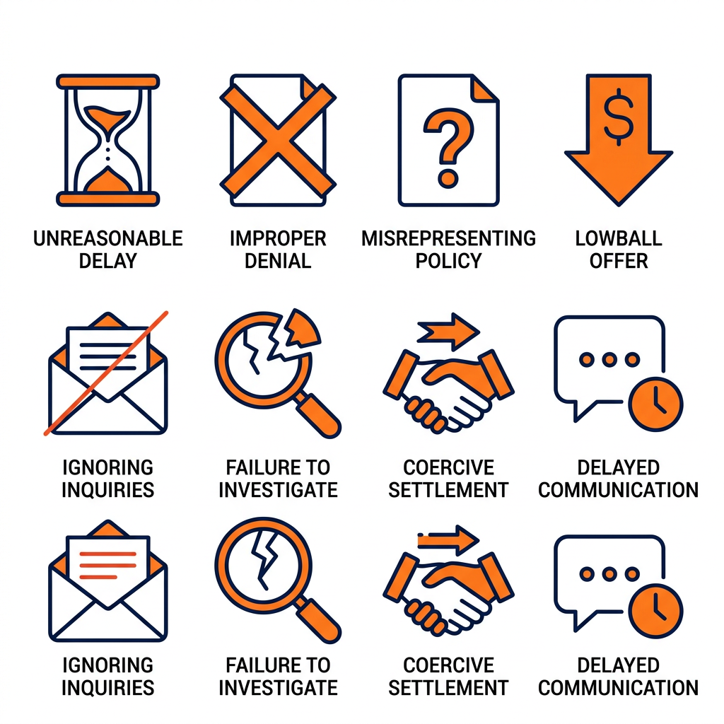 Grid of 8 icons showing common signs of bad faith insurance: unreasonable delay, improper denial, misrepresenting policy, lowball offer, ignoring inquiries, failure to investigate, coercive settlement, delayed communication