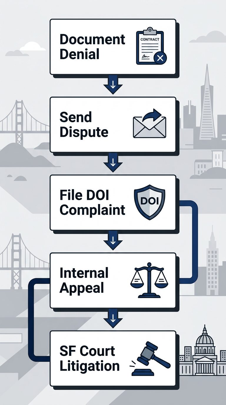 Vertical process flow diagram showing 5 stages of bad faith insurance claims handling in San Francisco with icons and minimal labels