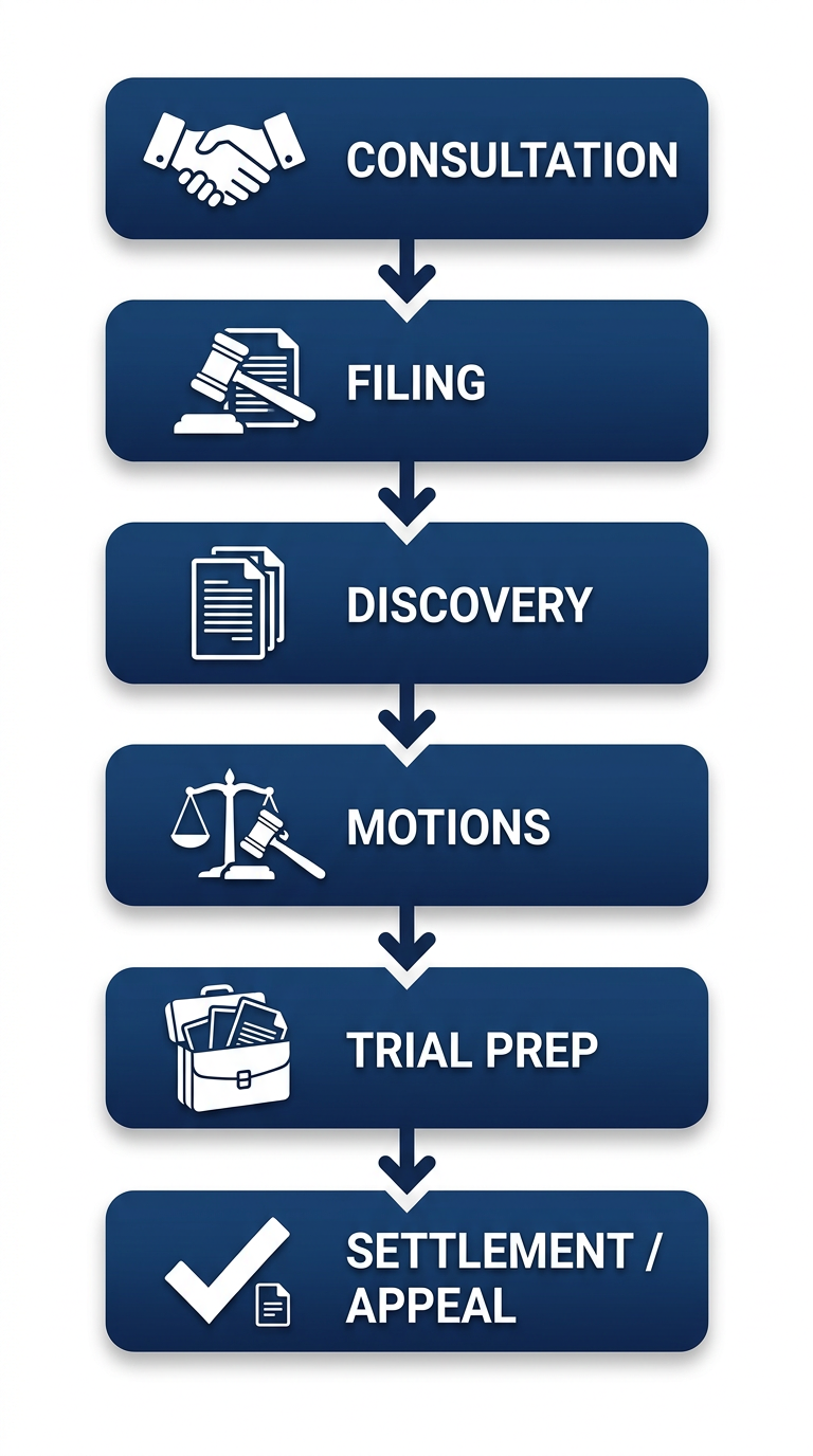 Vertical flowchart of six key stages in San Francisco civil litigation: attorney consultation, filing complaint, discovery, motions practice, trial preparation, settlement or appeal, with icons and arrows.