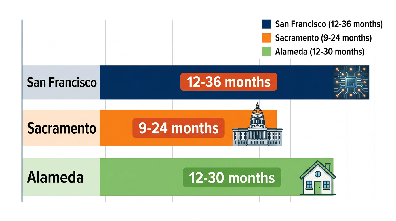 Horizontal bar chart comparing civil litigation case durations across San Francisco, Sacramento, and Alameda counties with icons and ranges.