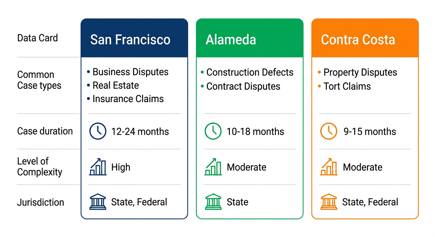 Infographic comparing civil litigation case types, durations, and complexities in San Francisco, Alameda, and Contra Costa counties
