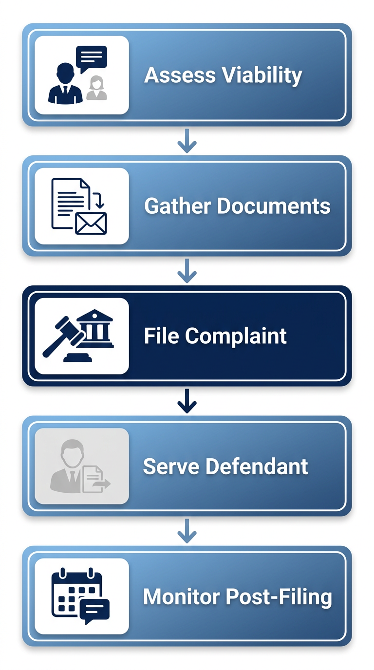 Vertical process flow illustrating five key stages to initiate a civil litigation case in San Francisco: assess viability, gather documents, file complaint, serve defendant, and monitor post-filing.