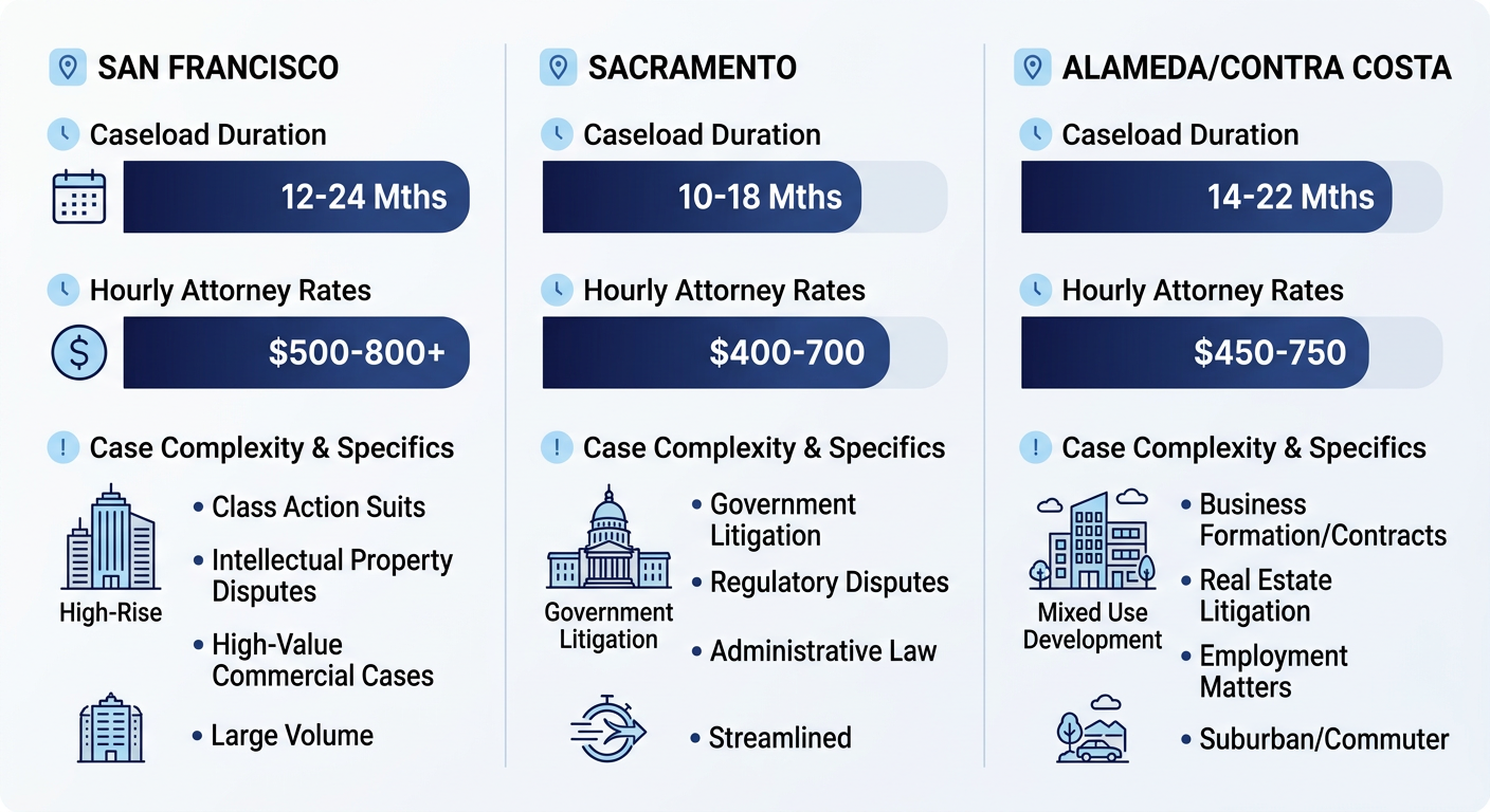 Infographic comparing civil litigation caseload duration, costs, and complexity in San Francisco, Sacramento, and Alameda/Contra Costa counties