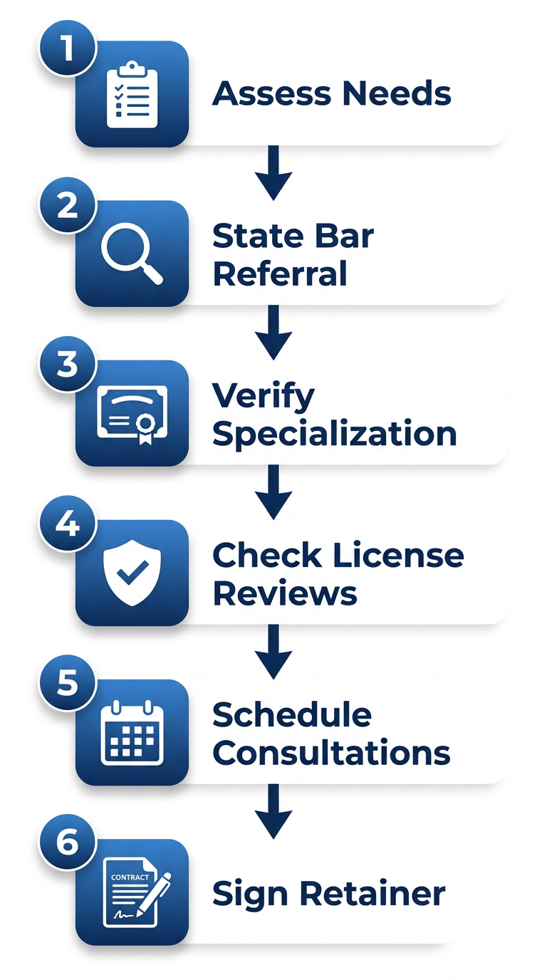 Vertical flowchart of six steps to engage civil litigation counsel in San Francisco: assess needs with clipboard, State Bar referral with magnifier, verify specialization with certificate, check license reviews with shield, schedule consultations with calendar, sign retainer with contract.