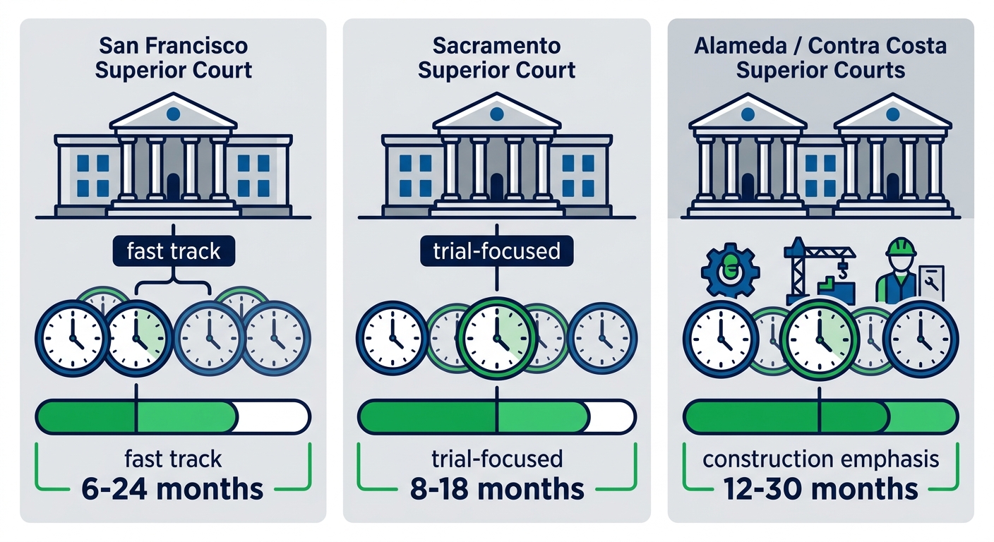 Infographic comparing civil litigation court timelines and features in San Francisco, Sacramento, and Alameda/Contra Costa
