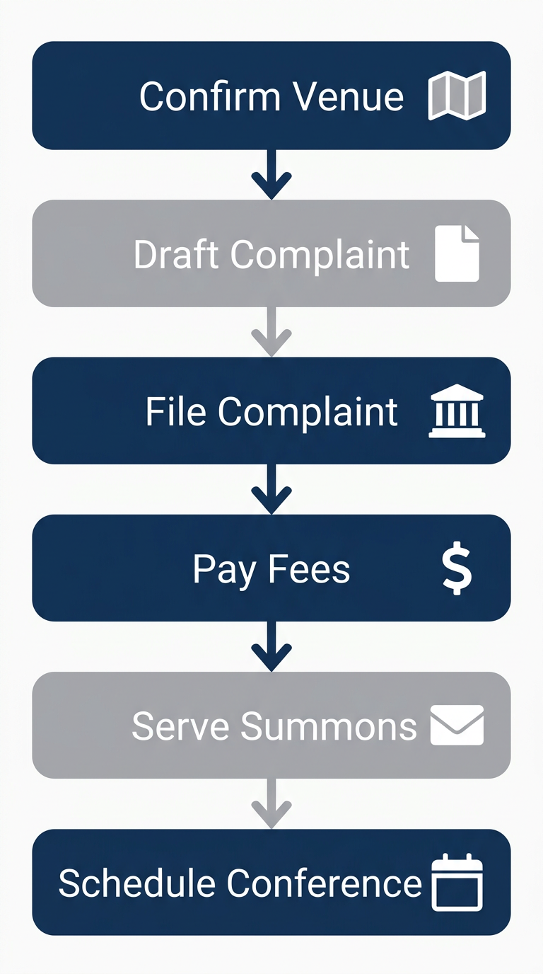 Vertical process flow diagram illustrating six stages of initiating civil litigation in San Francisco Superior Court: confirm venue, draft complaint, file, pay fees, serve summons, schedule conference.