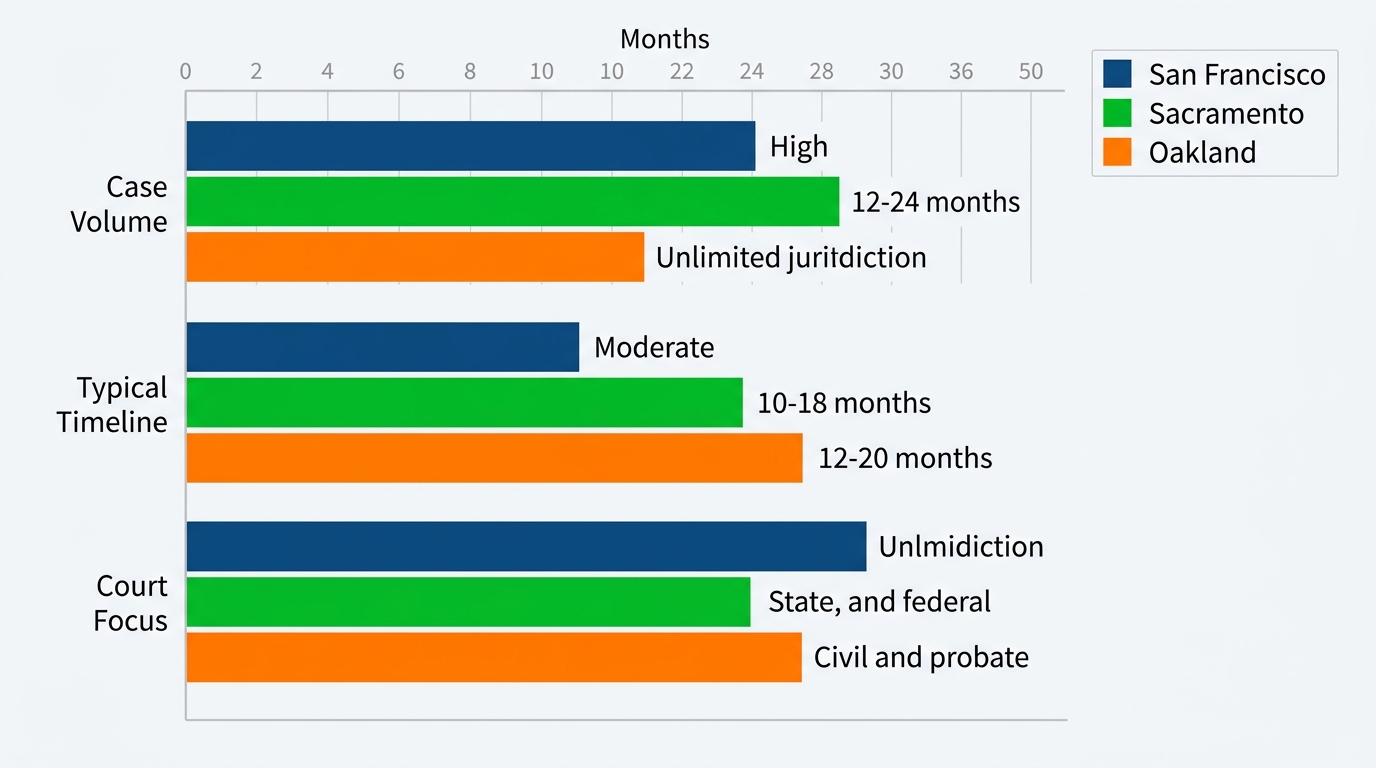 Horizontal grouped bar chart of civil litigation case volume, timelines, and court focus in San Francisco, Sacramento, and Oakland
