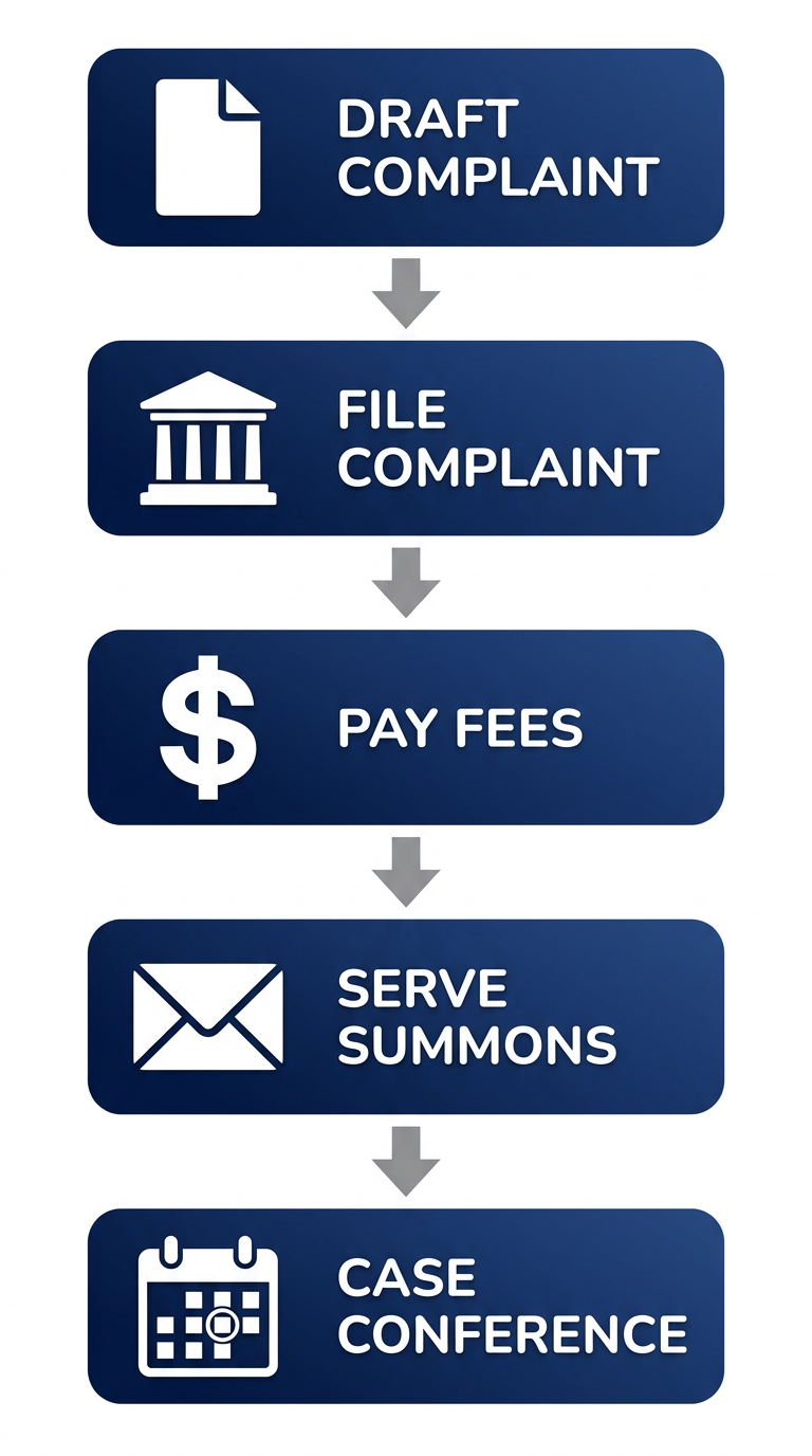 Vertical process flow diagram illustrating five key steps to initiate a civil litigation case in San Francisco Superior Court: draft complaint, file, pay fees, serve summons, attend conference.