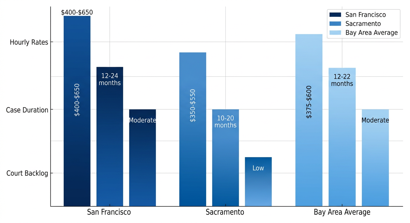 Grouped bar chart comparing civil litigation hourly rates, case durations, and court backlogs in San Francisco, Sacramento, and Bay Area average.
