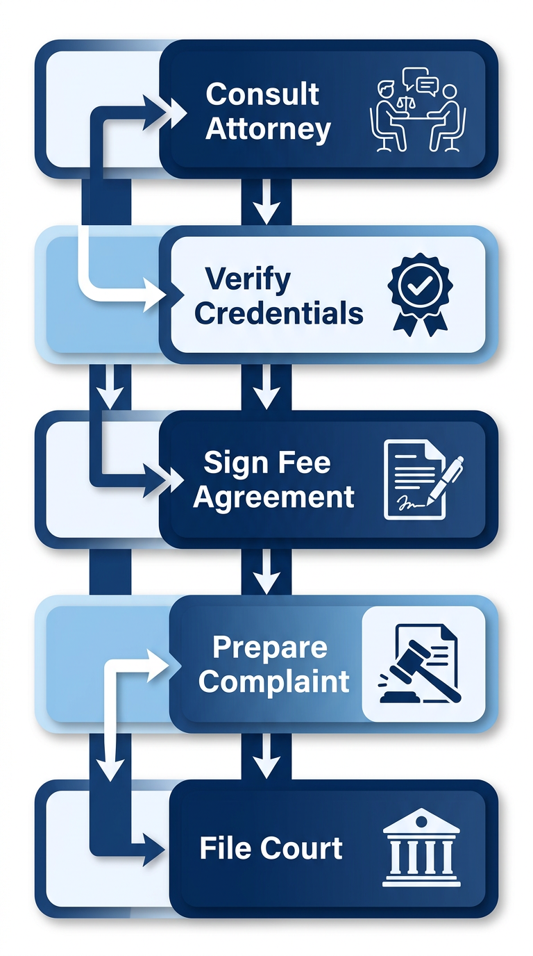 Vertical process flow diagram of 5 steps to initiate civil litigation in San Francisco: consult attorney, verify credentials, sign fee agreement, prepare complaint, file in court.