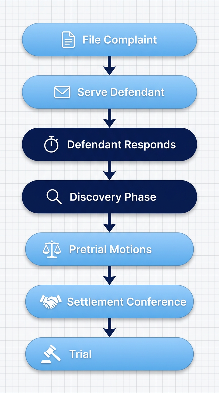 Vertical flowchart of civil lawsuit process in San Francisco Superior Court with seven stages: file complaint, serve defendant, defendant responds, discovery, pretrial motions, settlement conference, trial.