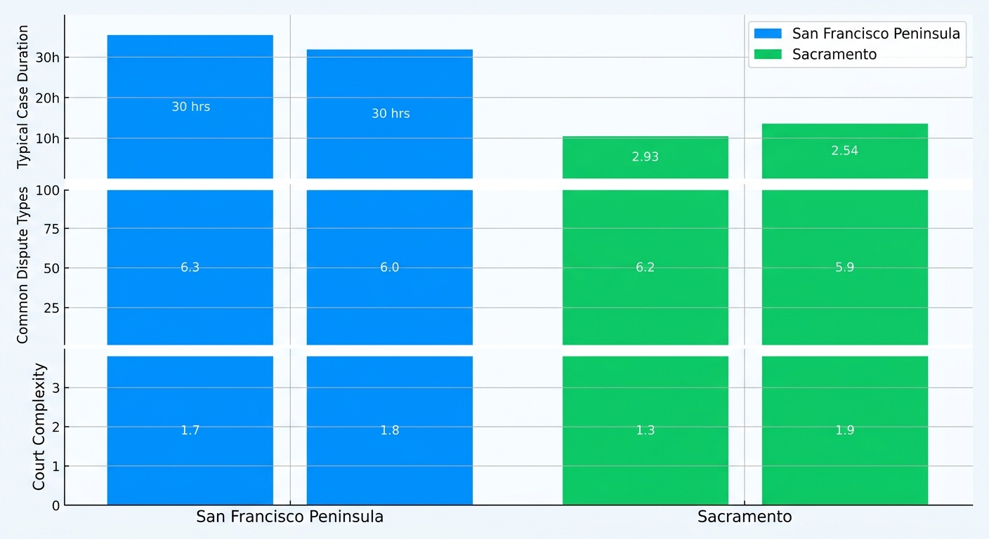 Bar chart comparing civil litigation case duration, dispute types, and court complexity between San Francisco Peninsula and Sacramento