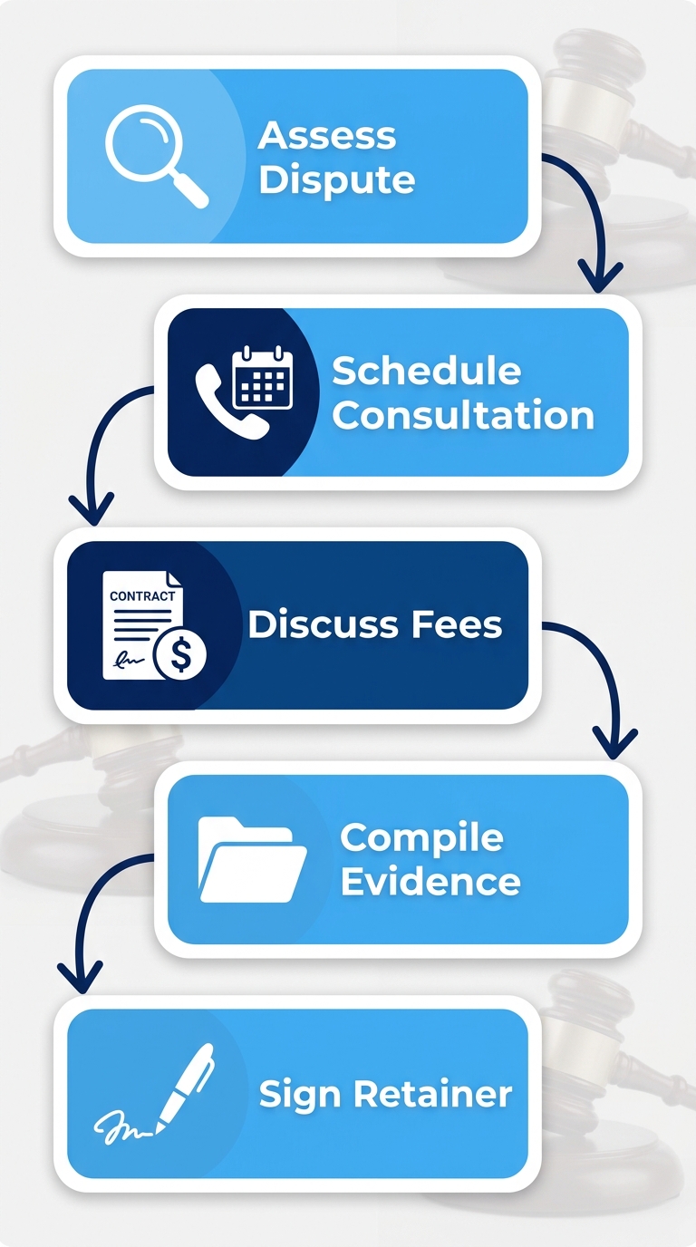 Vertical process flow diagram with five stages: assess dispute with magnifying glass, schedule consultation with phone and calendar, discuss fees with contract and dollar, compile evidence with folder, sign retainer with pen and signature. Modern blue-themed illustration.