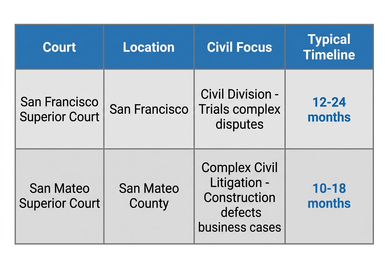 Comparison chart of San Francisco Superior Court and San Mateo Superior Court showing locations, civil focus areas, and typical case timelines