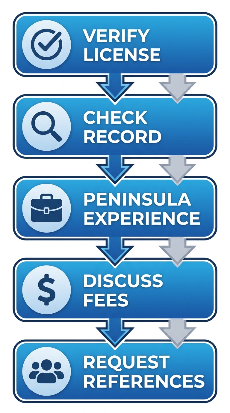 Vertical process flow diagram with 5 steps for hiring a Peninsula civil attorney: verify license, check record, experience, fees, and references.