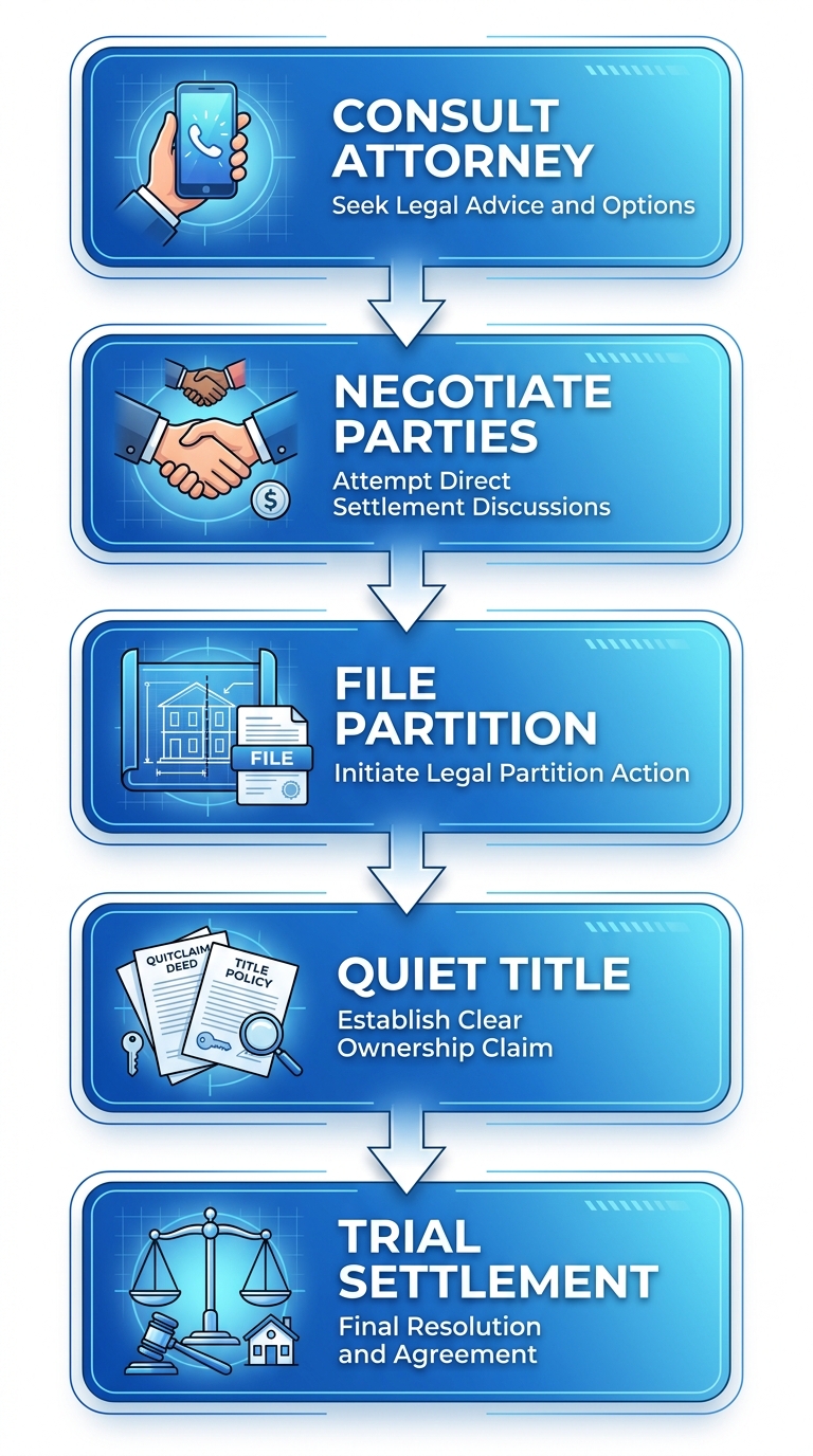 Vertical process flow diagram illustrating 5 steps to resolve San Francisco real estate disputes: consult attorney, negotiate, file partition, quiet title, trial preparation.