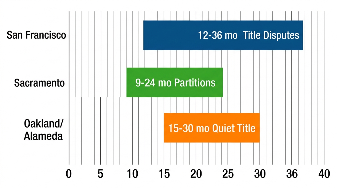 Horizontal bar chart comparing real estate litigation timelines in San Francisco, Sacramento, and Oakland/Alameda areas